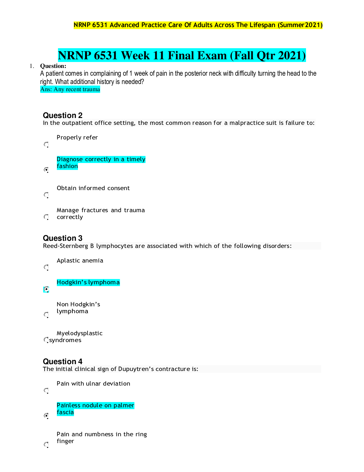 Preview of NRNP 6531 Advanced Practice Care Of Adults Across The Lifespan (Summer2021) Week 11 Final